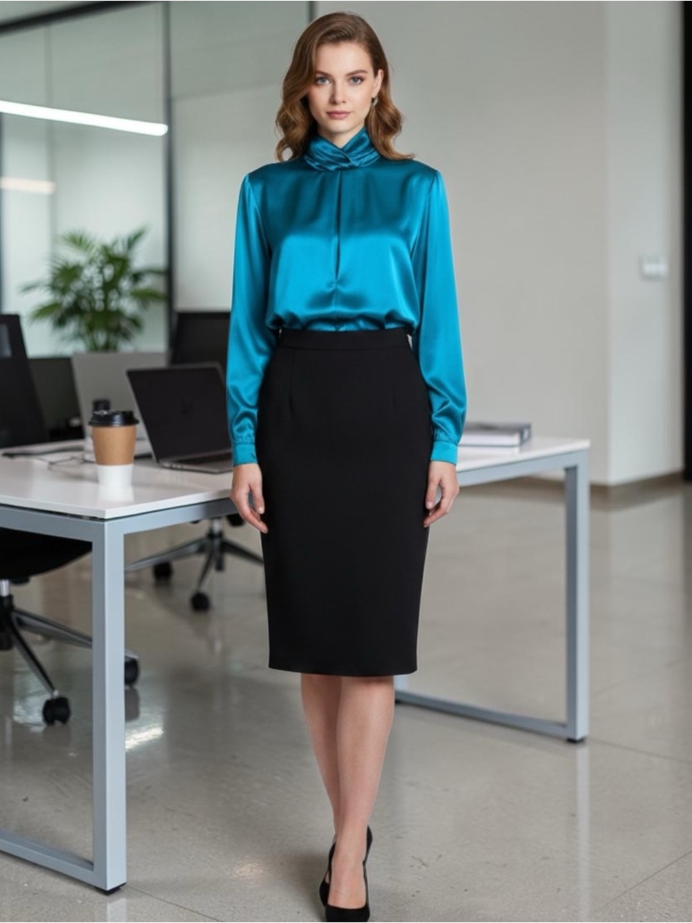 Vintage San Andre' Teal Blue Satin Dress Blouse